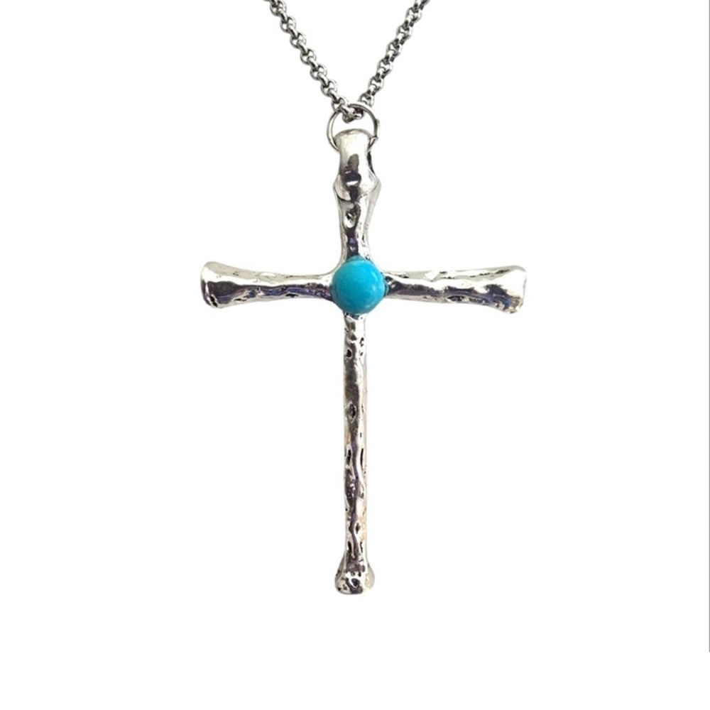 Silver Stainless Steel Turquoise Stone Cross Necklace Hammered 18" Chain Blue